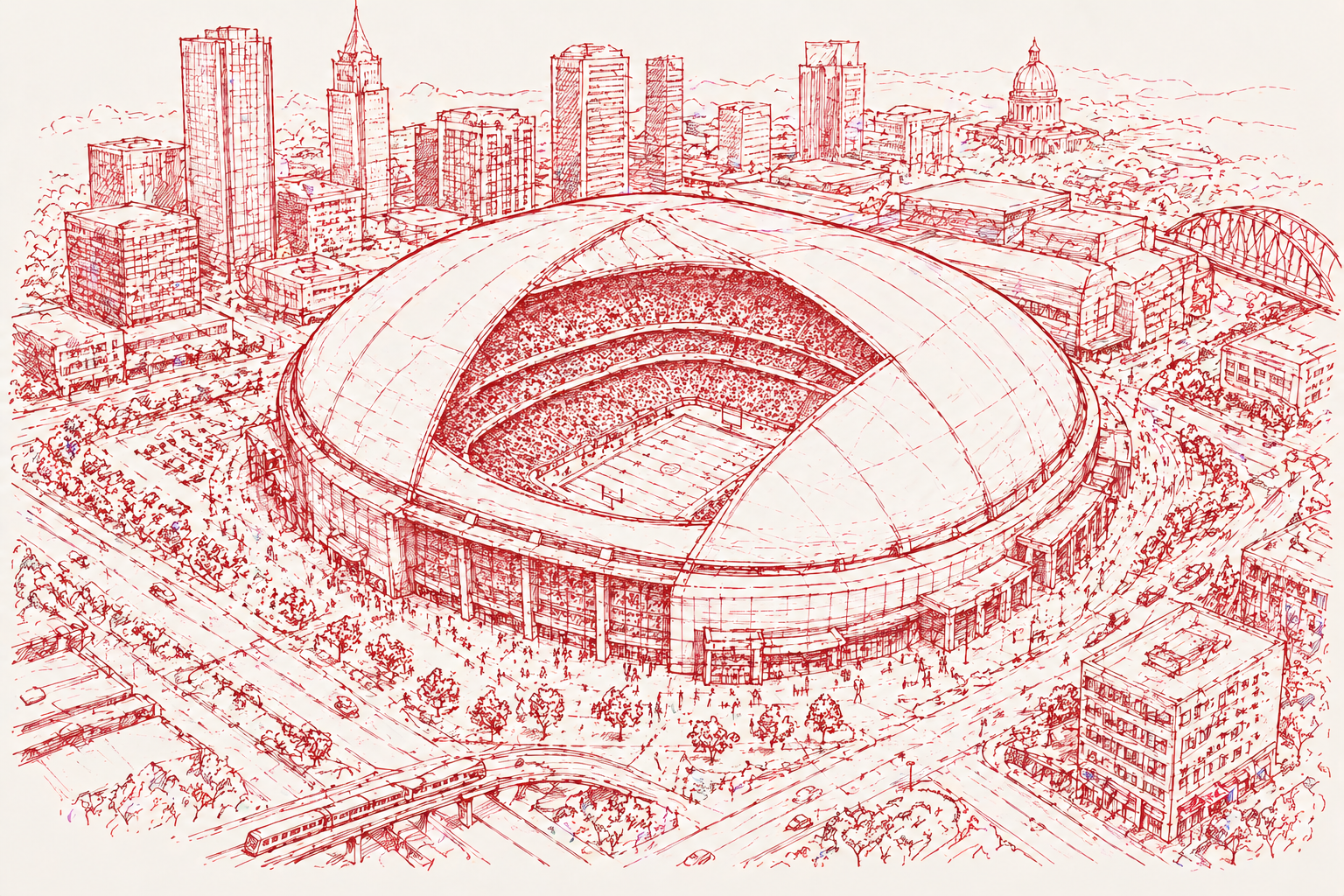 Hand-drawn aerial illustration of a stadium and surrounding cityscape