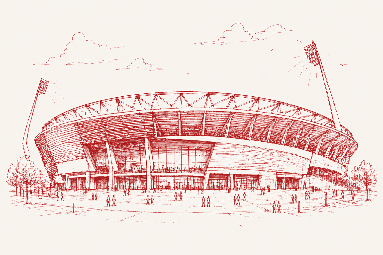 Hand-drawn illustration of a stadium exterior